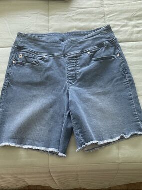 Belle by Kim Gravel Medium Blue Stretch Denim Bermuda Shorts with Frayed Hem